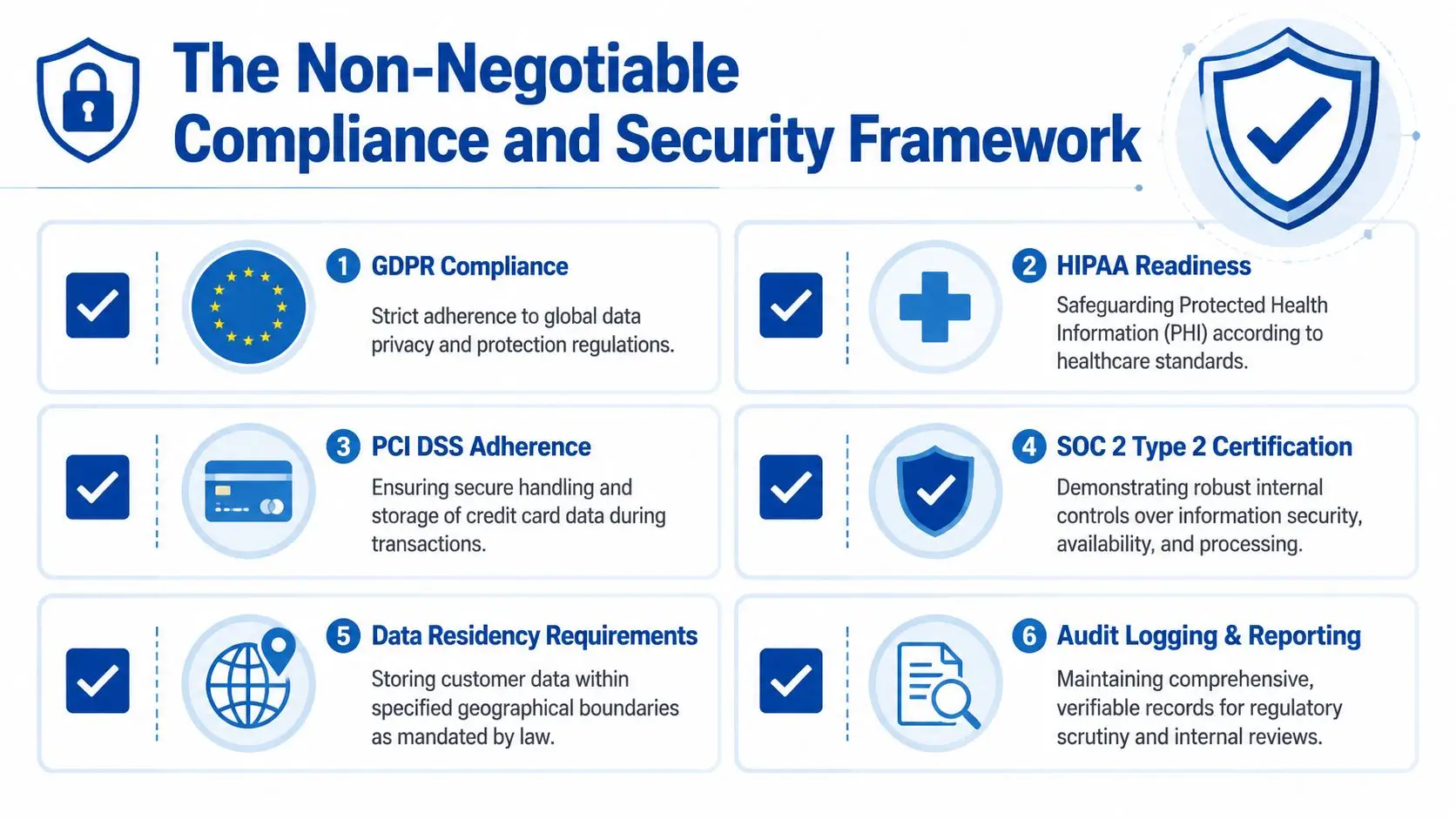 An infographic titled The Non-Negotiable Compliance and Security Framework listing six key security and data privacy standards.
