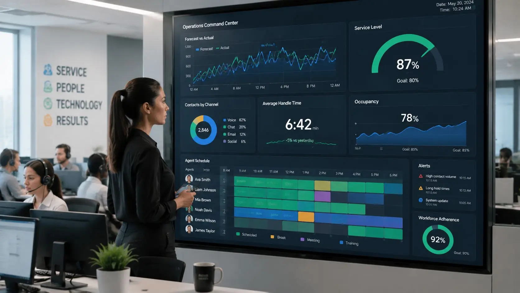 A professional manager observes a large digital dashboard displaying real-time call center performance metrics in an office.