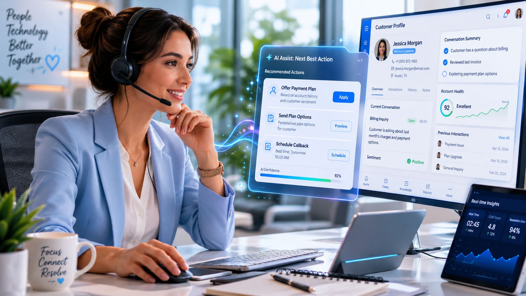 A professional customer service representative uses AI software to efficiently manage customer interactions at her workstation.