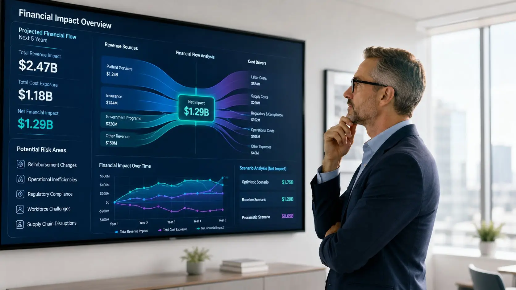 A professional man in a suit looking at a large wall monitor displaying a healthcare financial dashboard.