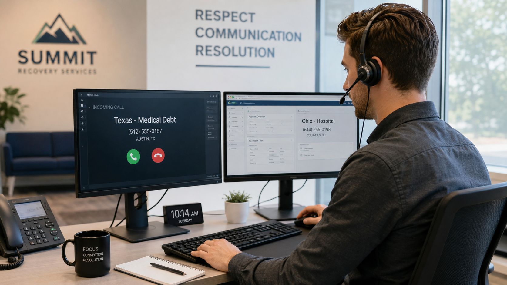 An office worker wearing a headset at a desk with dual monitors displaying professional call center software.