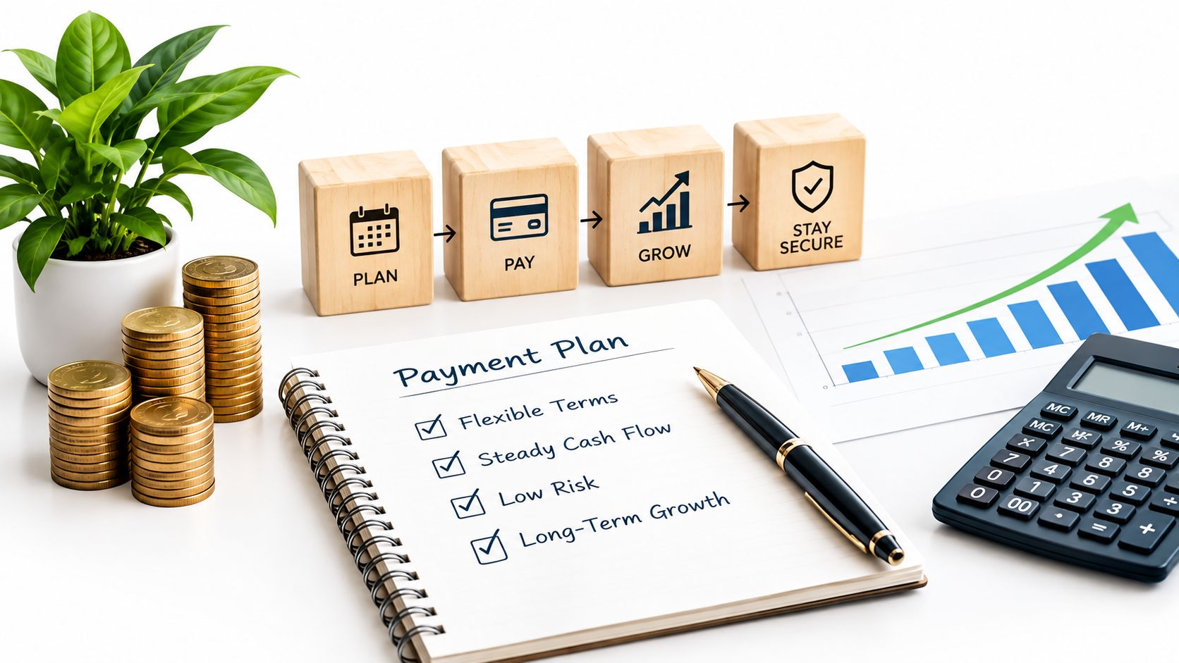Intelligent Contacts illustration of a desk with a Payment Plan notebook, coins, and a calculator