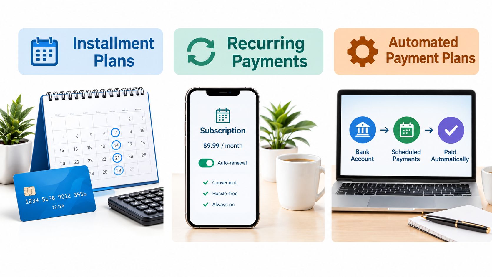 Intelligent Contacts infographic illustrating installment plans, recurring subscriptions, and automated bank payment methods